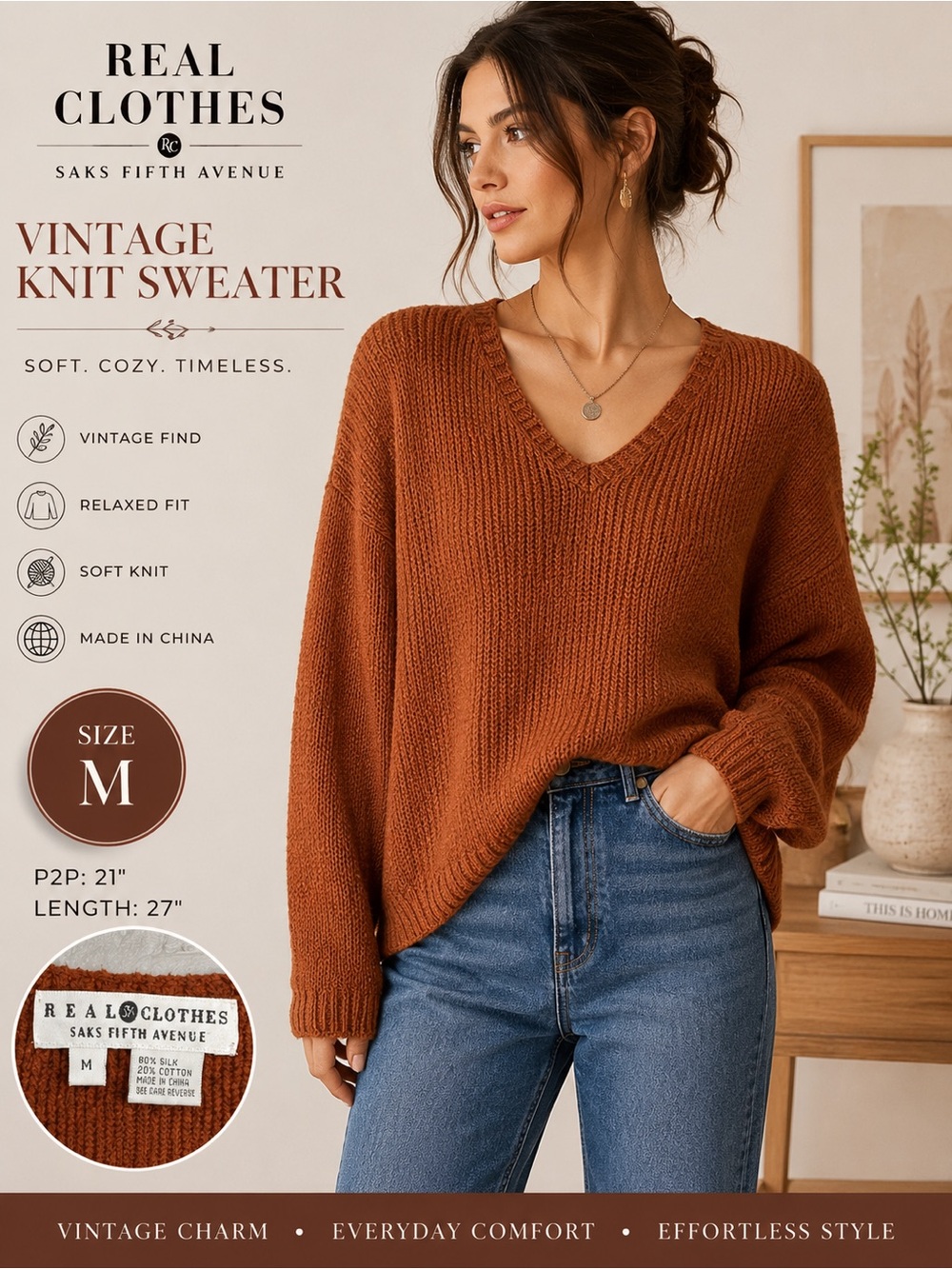 Vintage Real Clothes Saks Fifth Avenue Silk Cotton Knit Sweater Brown Medium